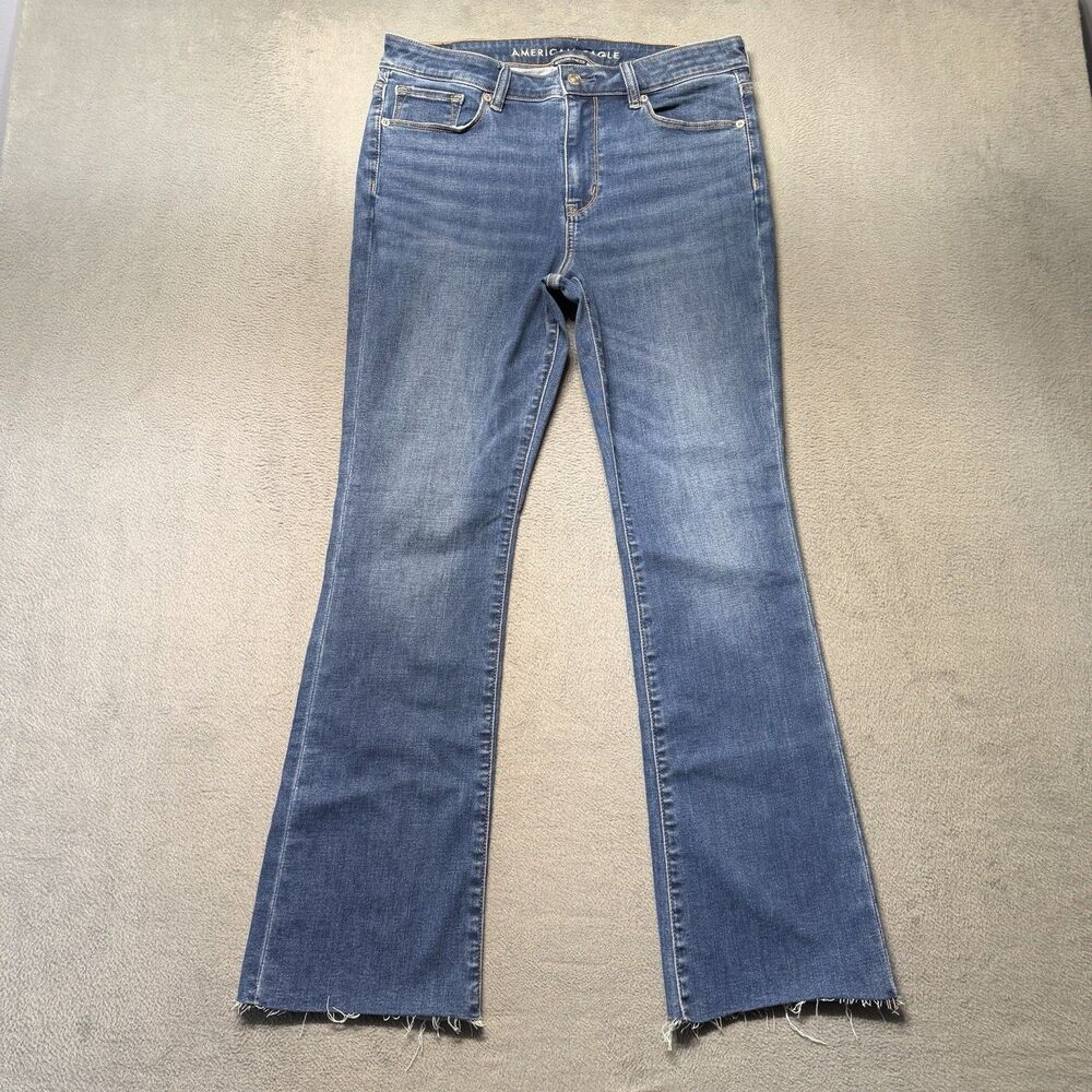 American Eagle Womens 10 Short High Rise Skinny Kick Jeans Blue Raw Hem Denim